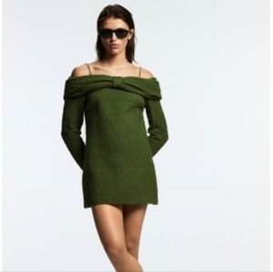 Zara NWT Forest Green Cold Shoulder/Chain Mini Dress Sz Sm